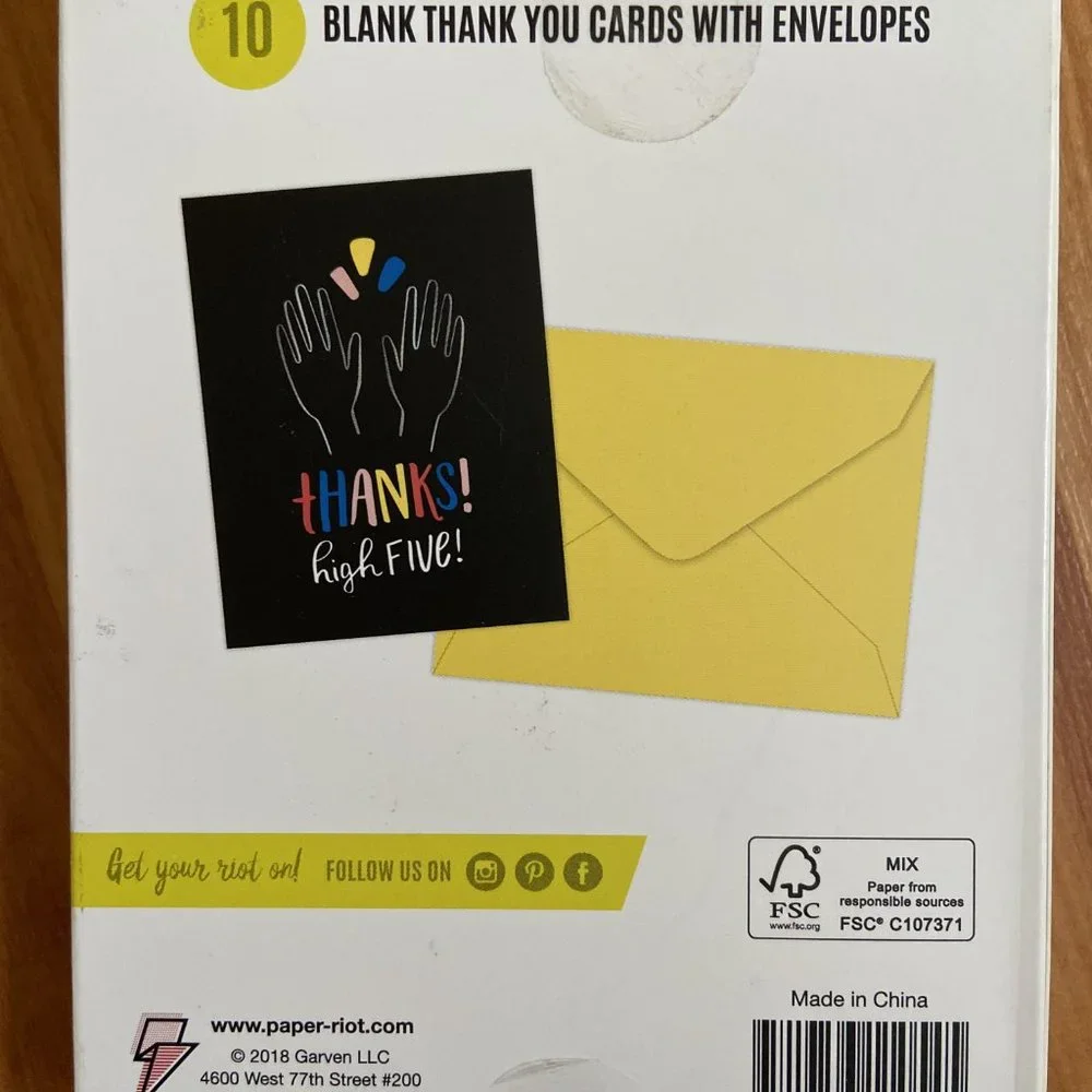 Paper Riot Black Thanks High Five! Thank You Cards and envelopes Set of 10 NIB